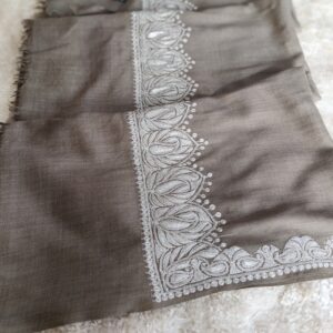 Elegant Fawn Kashmiri Toosha Shawl with Shimmering Silver Tilla Hashia Border