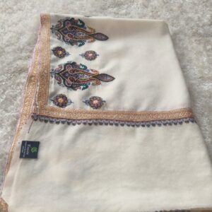 Ivory White Kashmiri Sozni & Kalamkari Hand-Embroidered Pashmina Shawl