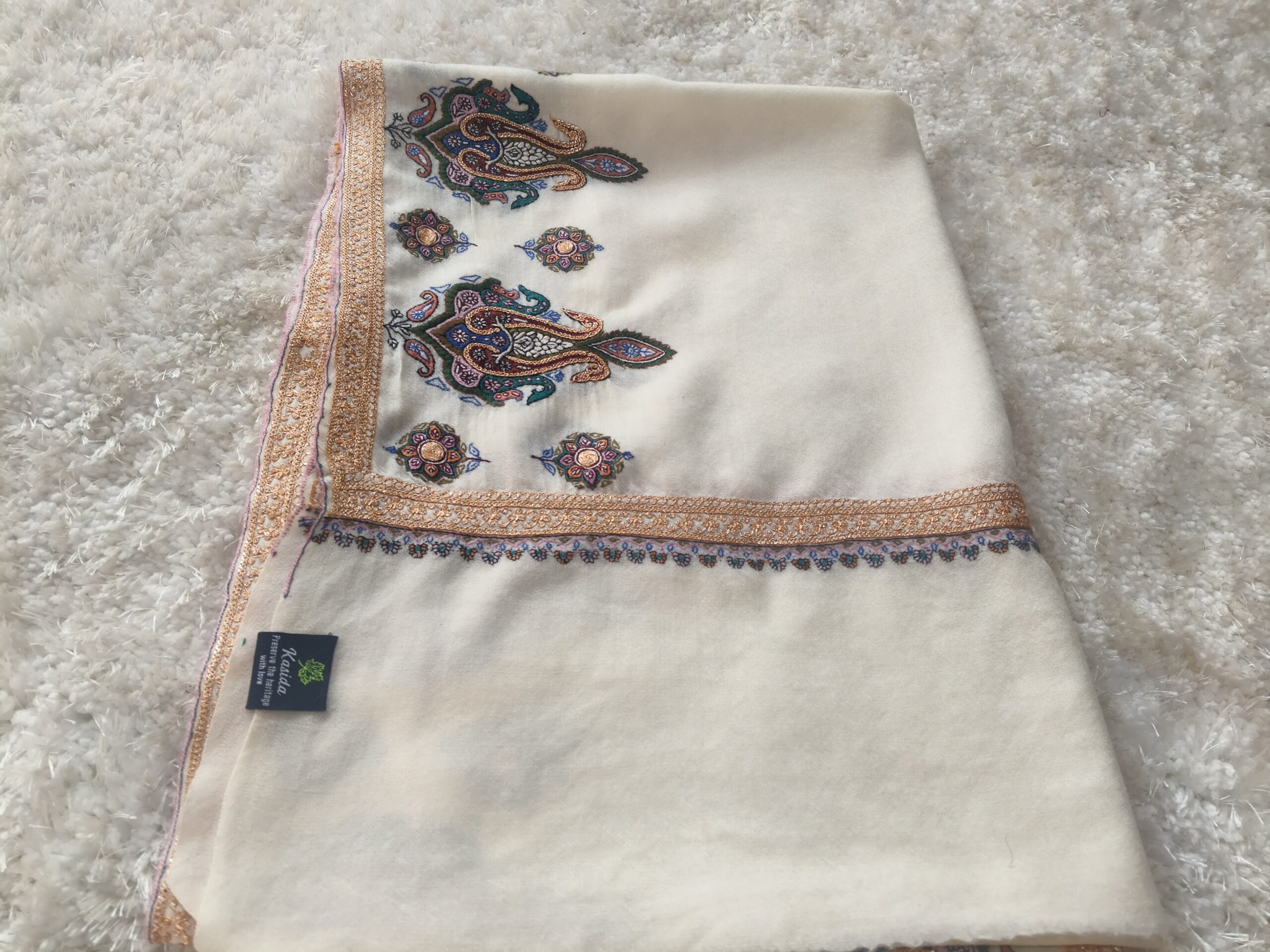 Ivory White Kashmiri Sozni & Kalamkari Hand-Embroidered Pashmina Shawl