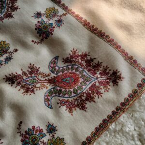 Cream Kashmiri Sozni Hand-Embroidered Pashmina Shawl with Multi-Colored Paisleys