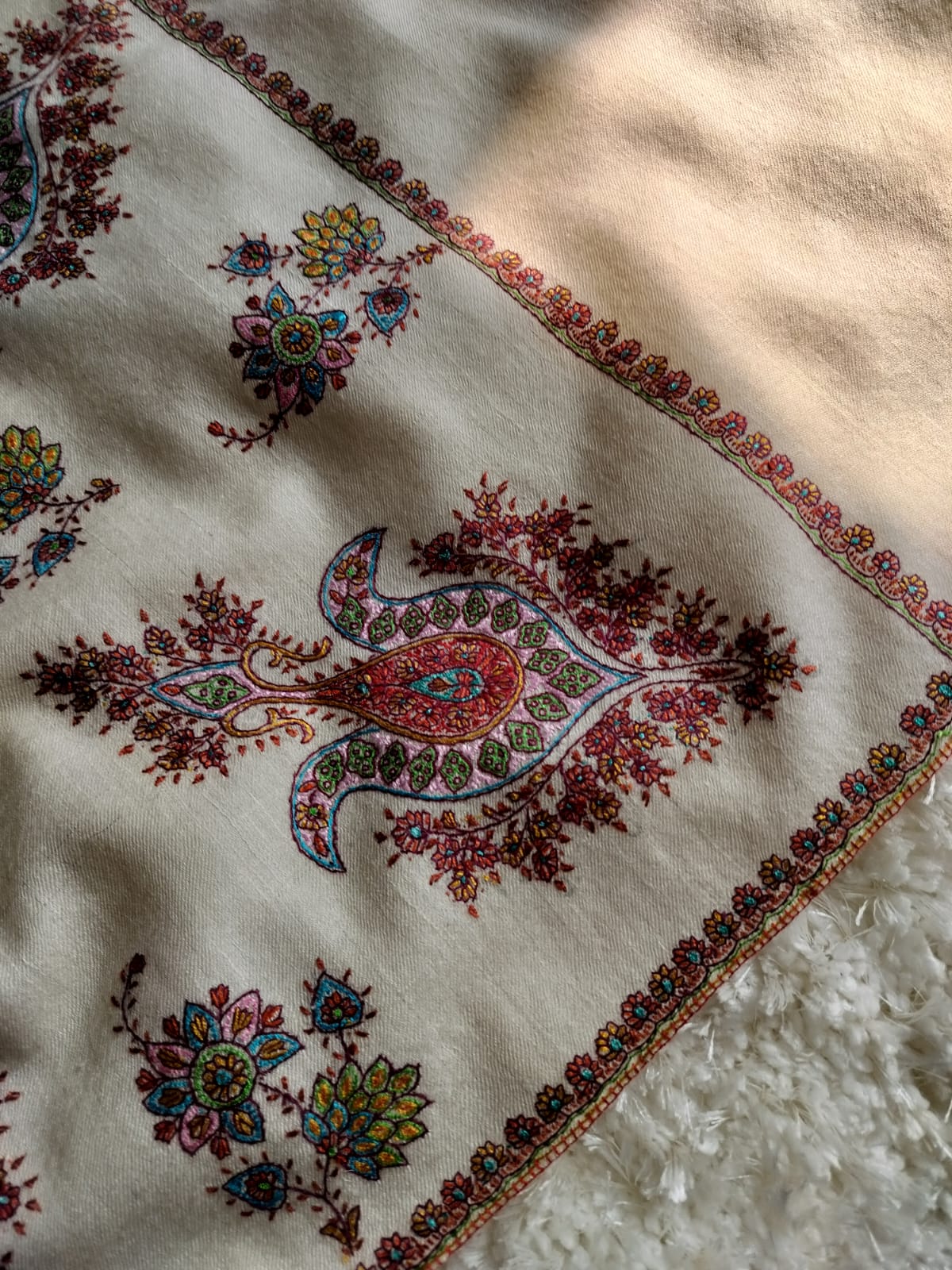 Cream Kashmiri Sozni Hand-Embroidered Pashmina Shawl with Multi-Colored Paisleys